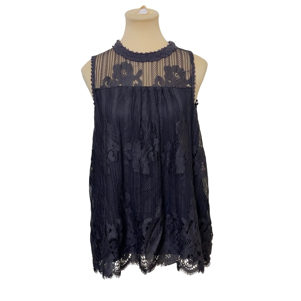 Taylor & Sage Womens Lace Sleeveless Top Size L Black Floral Sheer High Neck